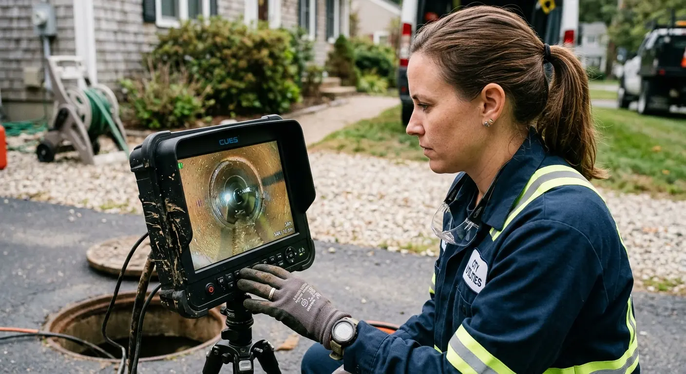 Technician reviewing sewer camera inspection footage in Oxford