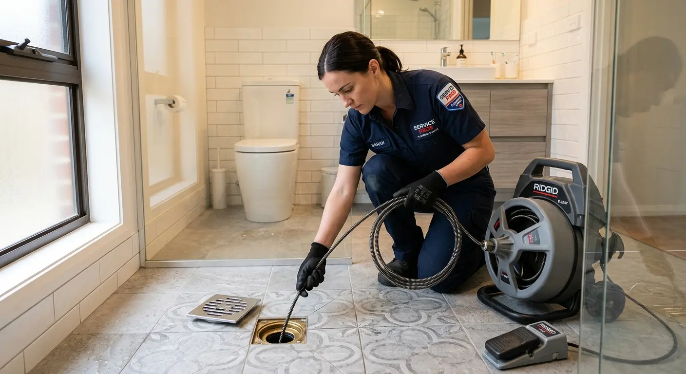 Technician clearing a bathroom floor drain for Drain Cleaning in Oxford